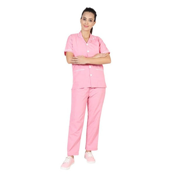 Nurse Staff Uniform Set Open Collar Top Pink