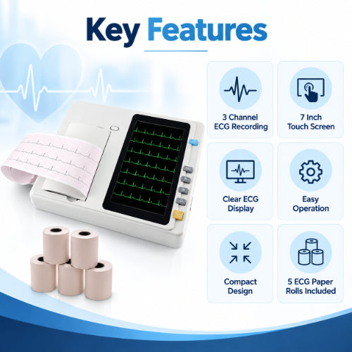 3 channel ecg machine key features including 7 inch touch screen, clear ecg display, compact design, easy operation and 5 ecg paper rolls