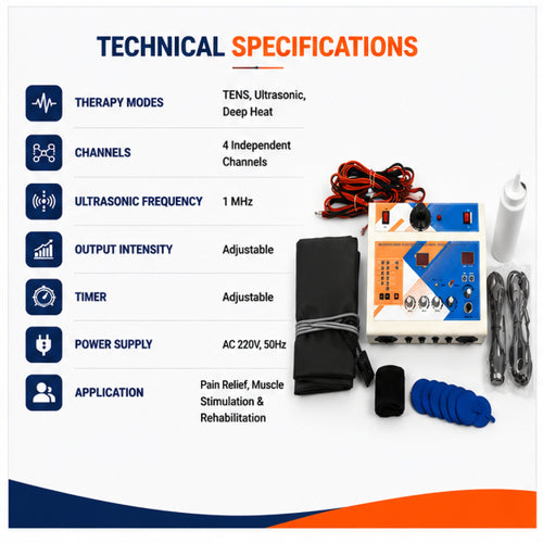 3 in 1 combination therapy device technical specifications with tens ultrasonic deep heat 4 channels and full accessory set