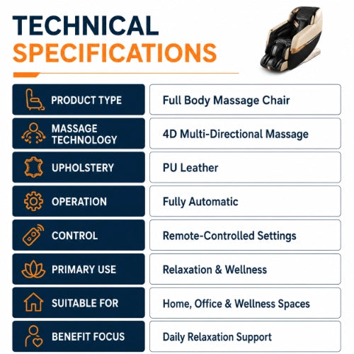 4d full body massage chair technical specifications for home office and wellness spaces