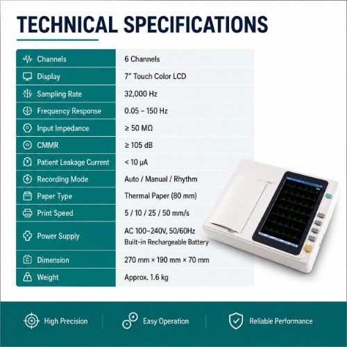 6 channel ecg machine technical specifications with 7 inch touch display thermal printer and rechargeable battery