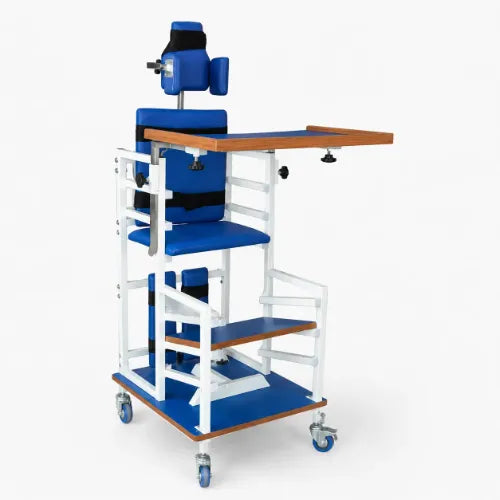 Adult CP rehabilitation chair deluxe model with padded seating, adjustable activity tray, head support and wheeled metal frame
