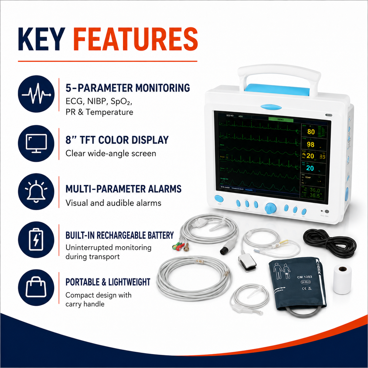 CMS6000 5-Parameter ICU/CCU Vital Signs Monitor key features meddey
