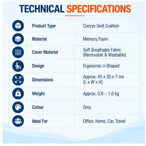 Coccyx seat cushion technical specifications with memory foam, breathable washable cover, ergonomic U-shaped design and grey finish