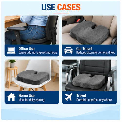 Coccyx seat cushion use cases for office seating, car travel, home use and portable travel comfort