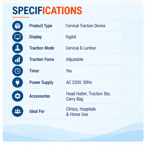 Digital cervical and lumbar traction device specifications with adjustable traction force, cervical and lumbar modes, timer and AC 220V power supply