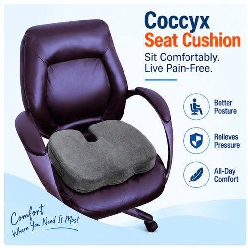 Grey memory foam coccyx seat cushion on office chair for pressure relief, better posture and all-day sitting comfort