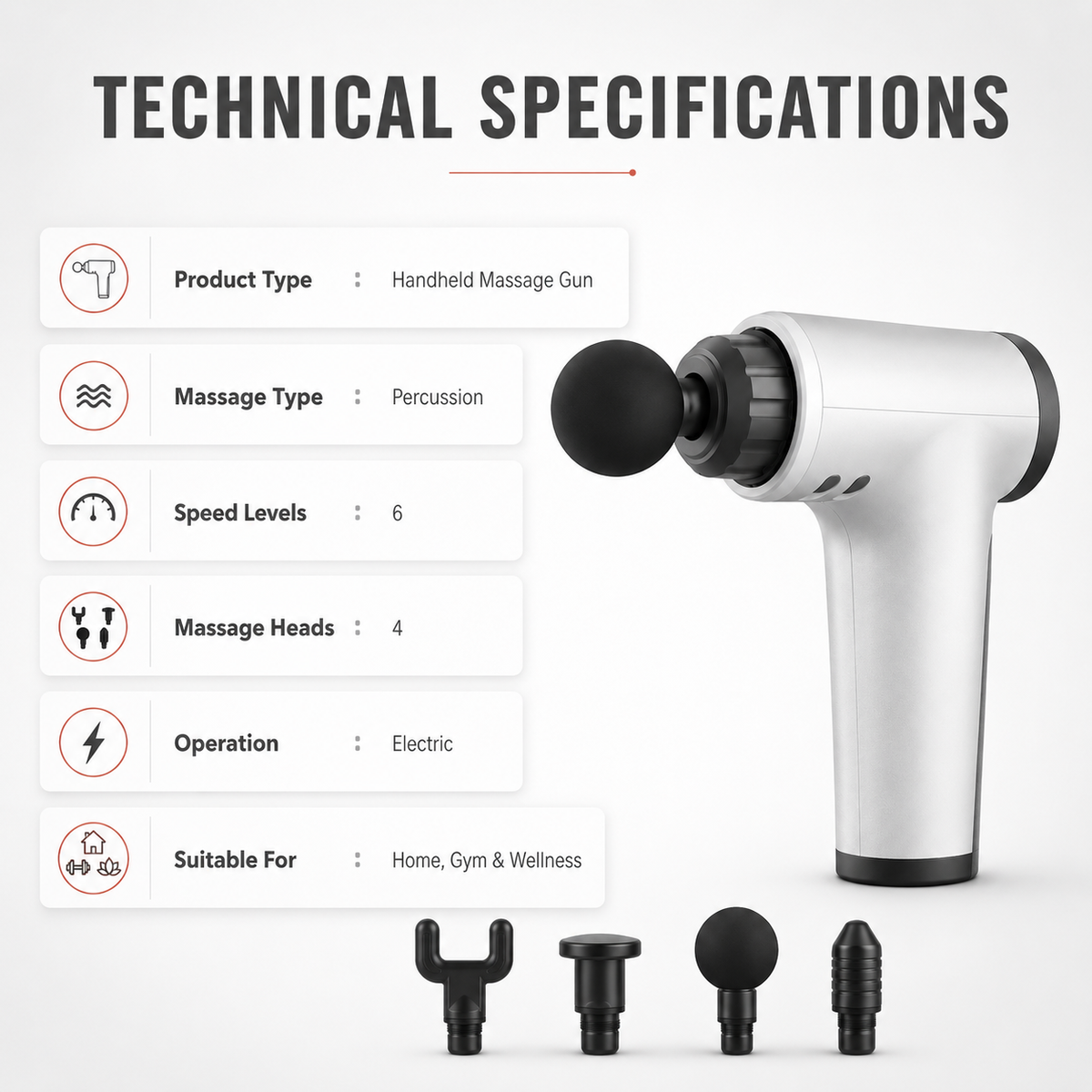 Handheld percussion massage gun technical specifications with 6 speed levels, 4 massage heads and electric operation for home, gym and wellness use