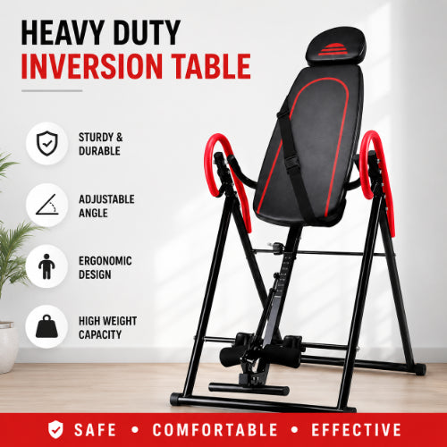 Heavy duty inversion table with adjustable angle, ergonomic backrest, sturdy frame and high weight capacity for inversion therapy