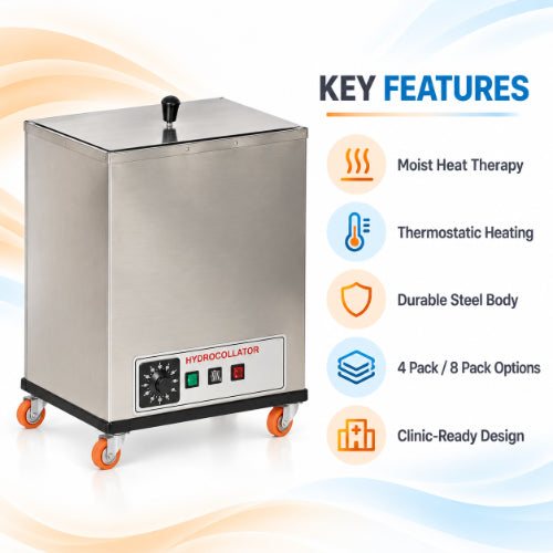 Hydrocollator machine key features including moist heat therapy, thermostatic heating, durable steel body, 4 pack or 8 pack options and clinic-ready design