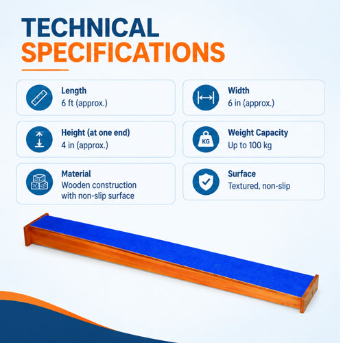 Inclined tapered balance beam technical specifications with 6 ft length, 6 in width, 4 in height, wooden construction and non-slip surface