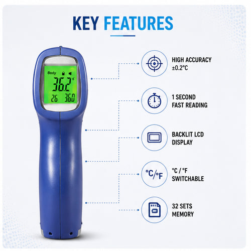 Infrared non-contact thermometer key features including high accuracy, 1-second fast reading, backlit LCD display, °C/°F switching and 32-set memory