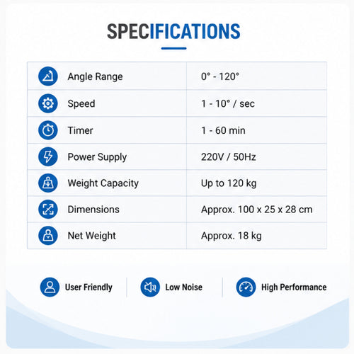 Knee CPM machine specifications with 0–120 degree angle range, adjustable speed, 1–60 minute timer and up to 120 kg capacity