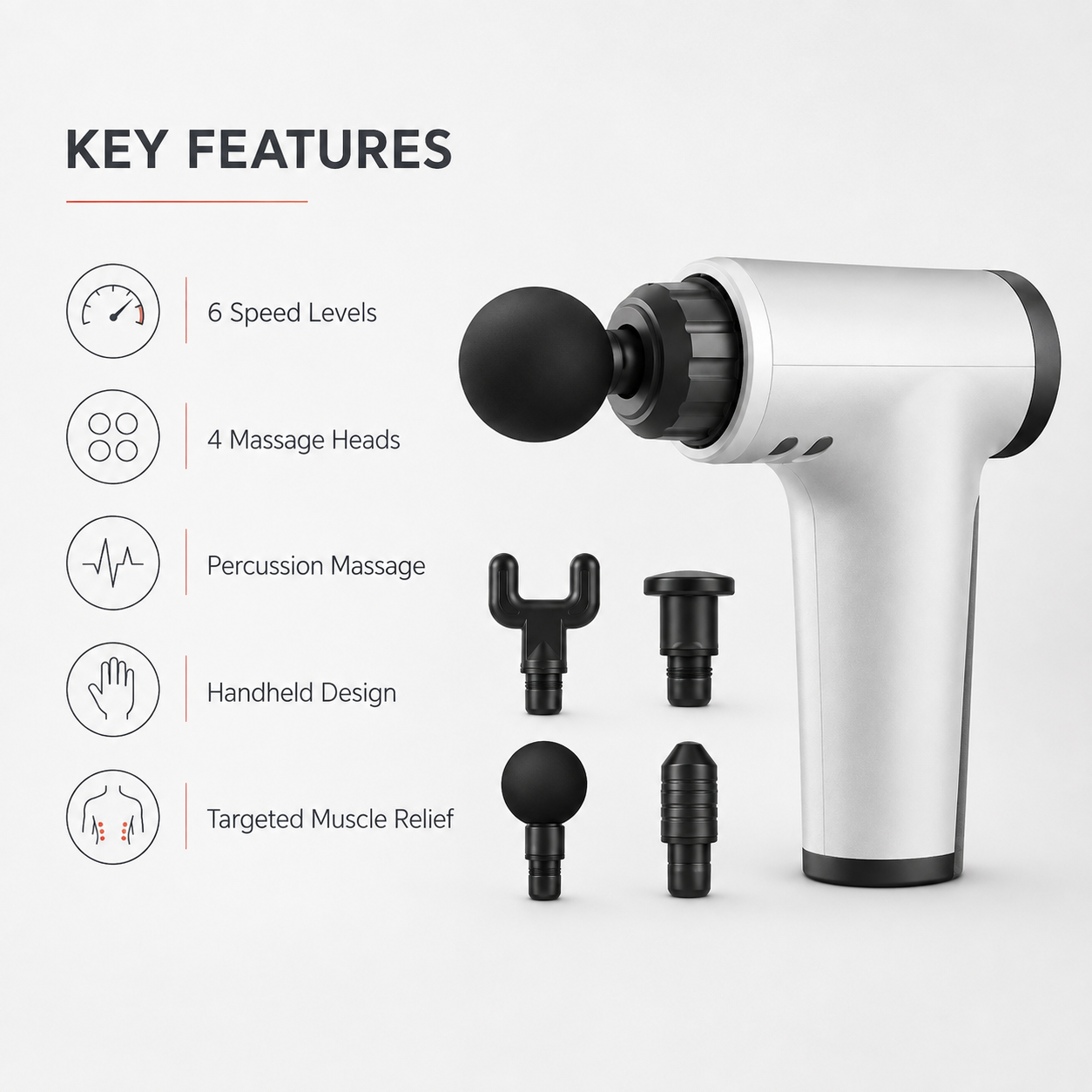 Massage gun key features including 6 speed levels, 4 massage heads, percussion massage, handheld design and targeted muscle relief