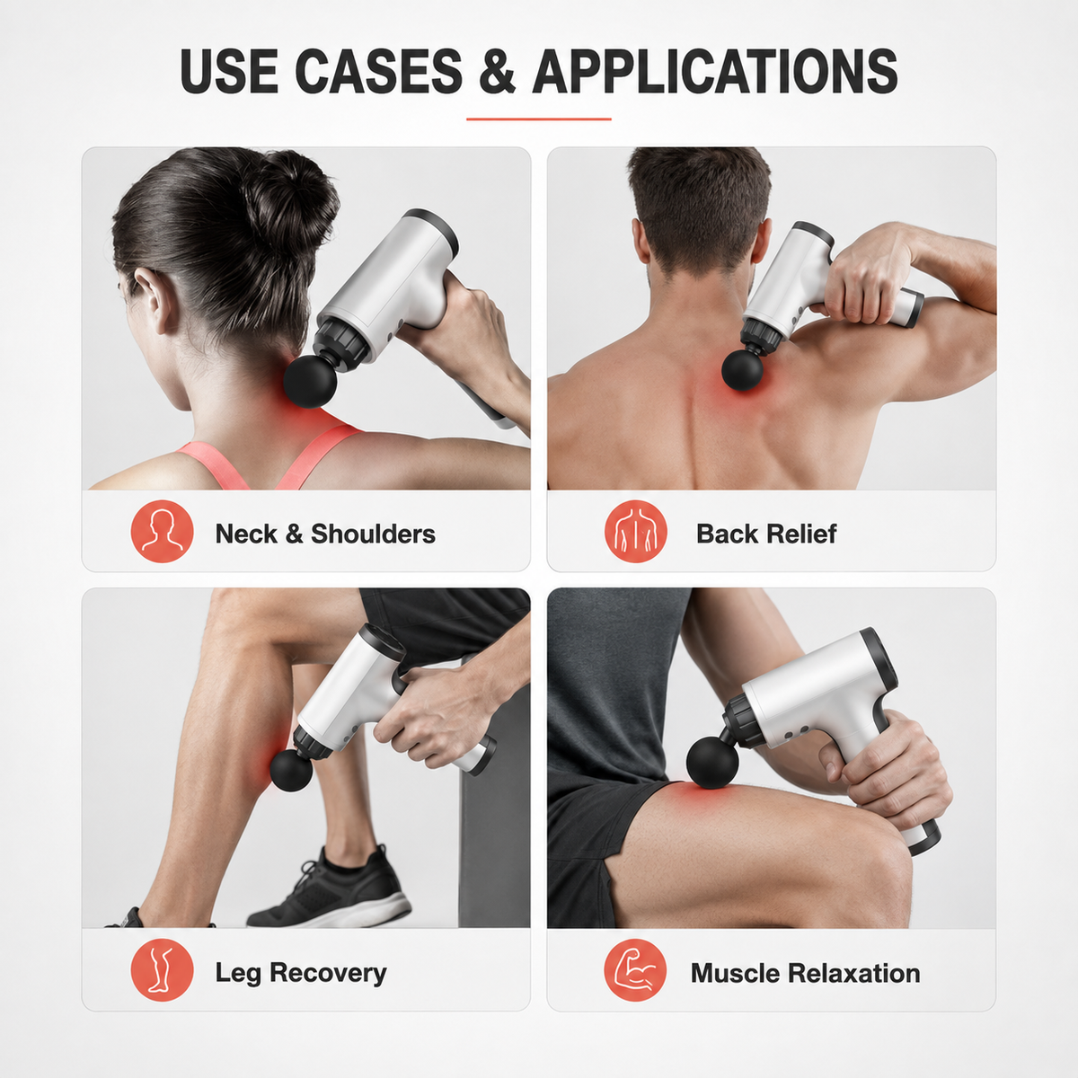 Massage gun use cases for neck and shoulder massage, back relief, leg recovery and targeted muscle relaxation