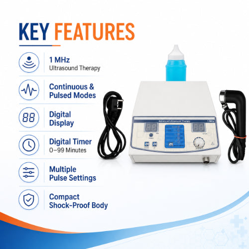 Medansh semi-digital ultrasound therapy machine key features including 1 MHz frequency, pulsed modes, digital timer and display