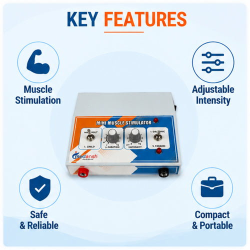 Mini muscle stimulator key features including muscle stimulation, adjustable intensity, compact design and reliable physiotherapy use