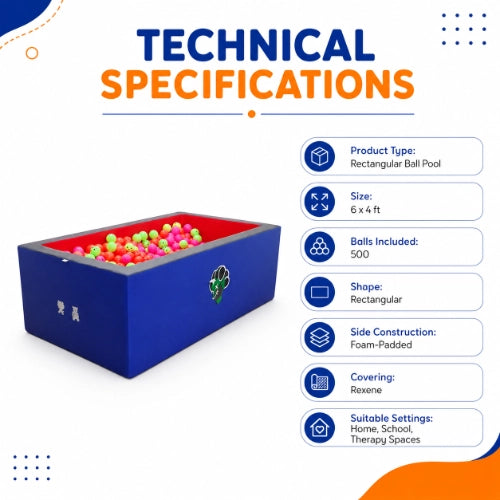 Rectangular ball pool technical specifications with 6 × 4 ft size, 500 balls, foam-padded construction and Rexene covering