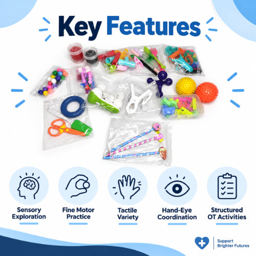 Sensory kit key features including sensory exploration, fine motor practice, tactile variety, hand-eye coordination and structured OT activities