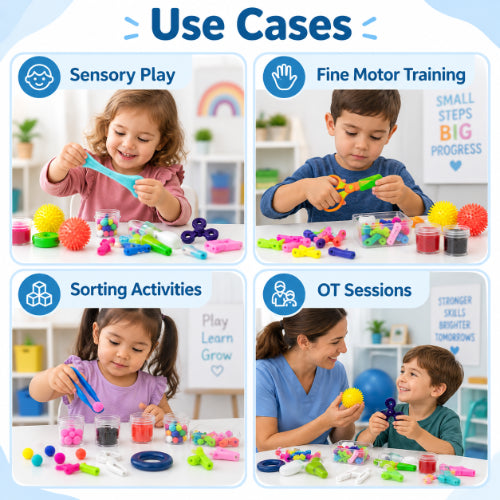 Sensory kit use cases for sensory play, fine motor training, sorting activities and occupational therapy sessions