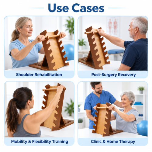 Shoulder exercise ladder use cases for shoulder rehabilitation, post-surgery recovery, mobility and flexibility training, and clinic or home therapy
