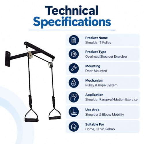Shoulder pulley technical specifications with door-mounted design, pulley and rope mechanism, and use for shoulder range-of-motion and elbow mobility exercises