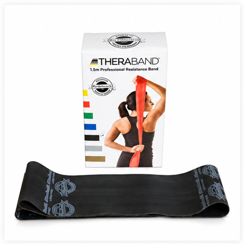 TheraBand black professional resistance band with product packaging for strength training, rehabilitation and exercise use