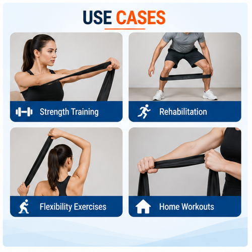 TheraBand black resistance band use cases for strength training, rehabilitation, flexibility exercises and home workouts