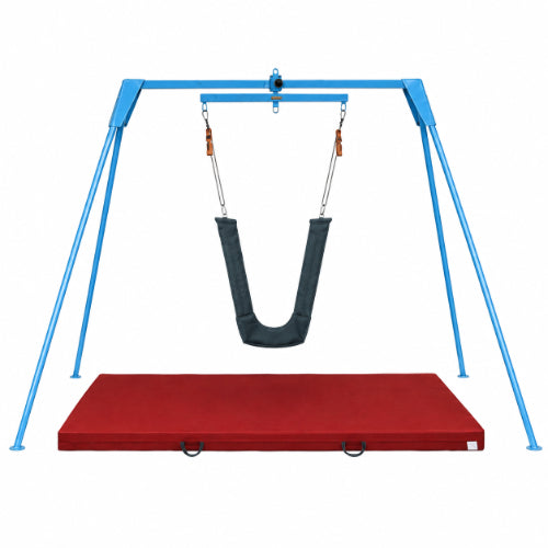 Vestibular swing system with suspended therapy seat, sturdy blue frame and padded safety mat for occupational therapy
