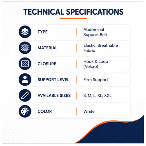 abdominal support belt technical specifications with elastic fabric hook and loop closure and multiple sizes