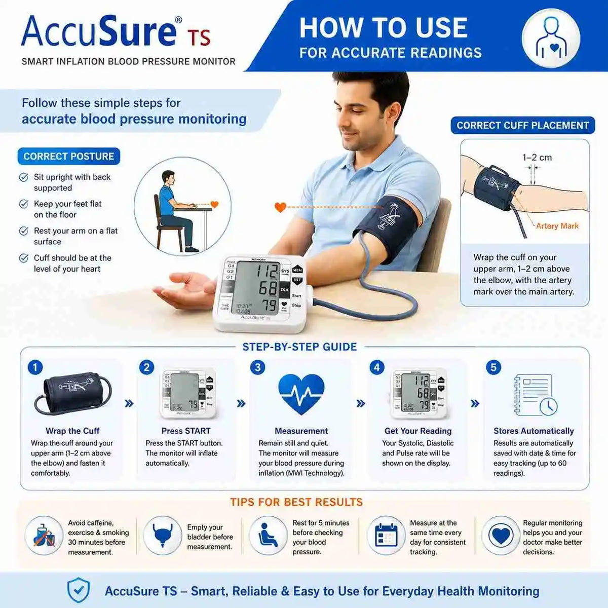 How to use AccuSure TS BP Monitor with correct upper-arm cuff placement