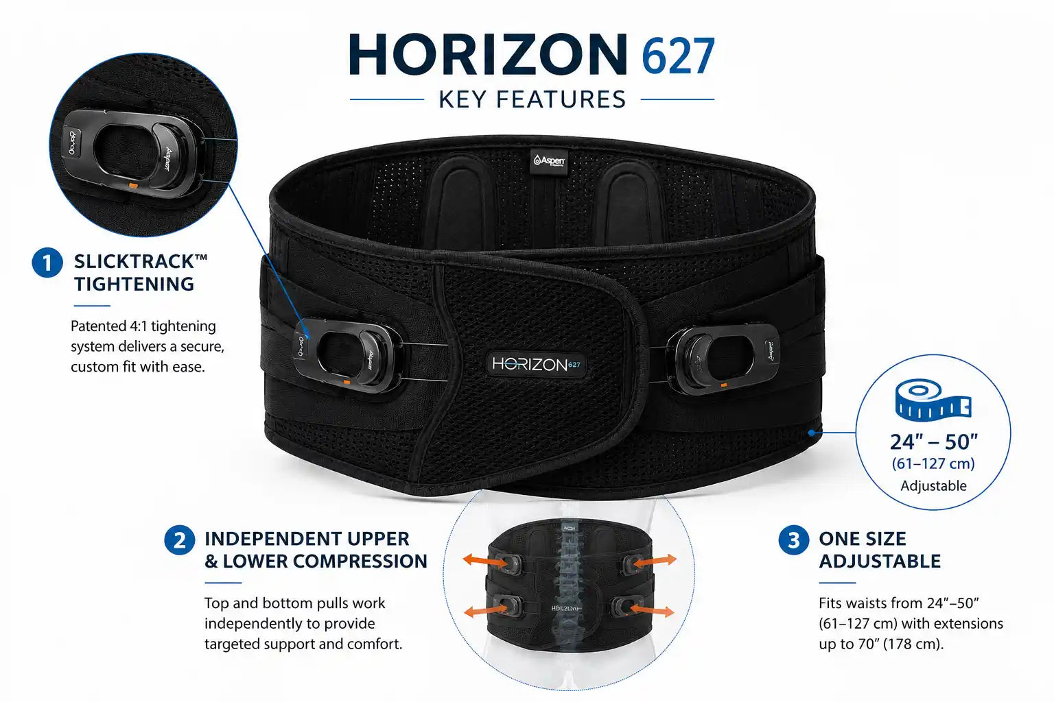 Aspen Horizon 627 key features including SlickTrack tightening and adjustable compression