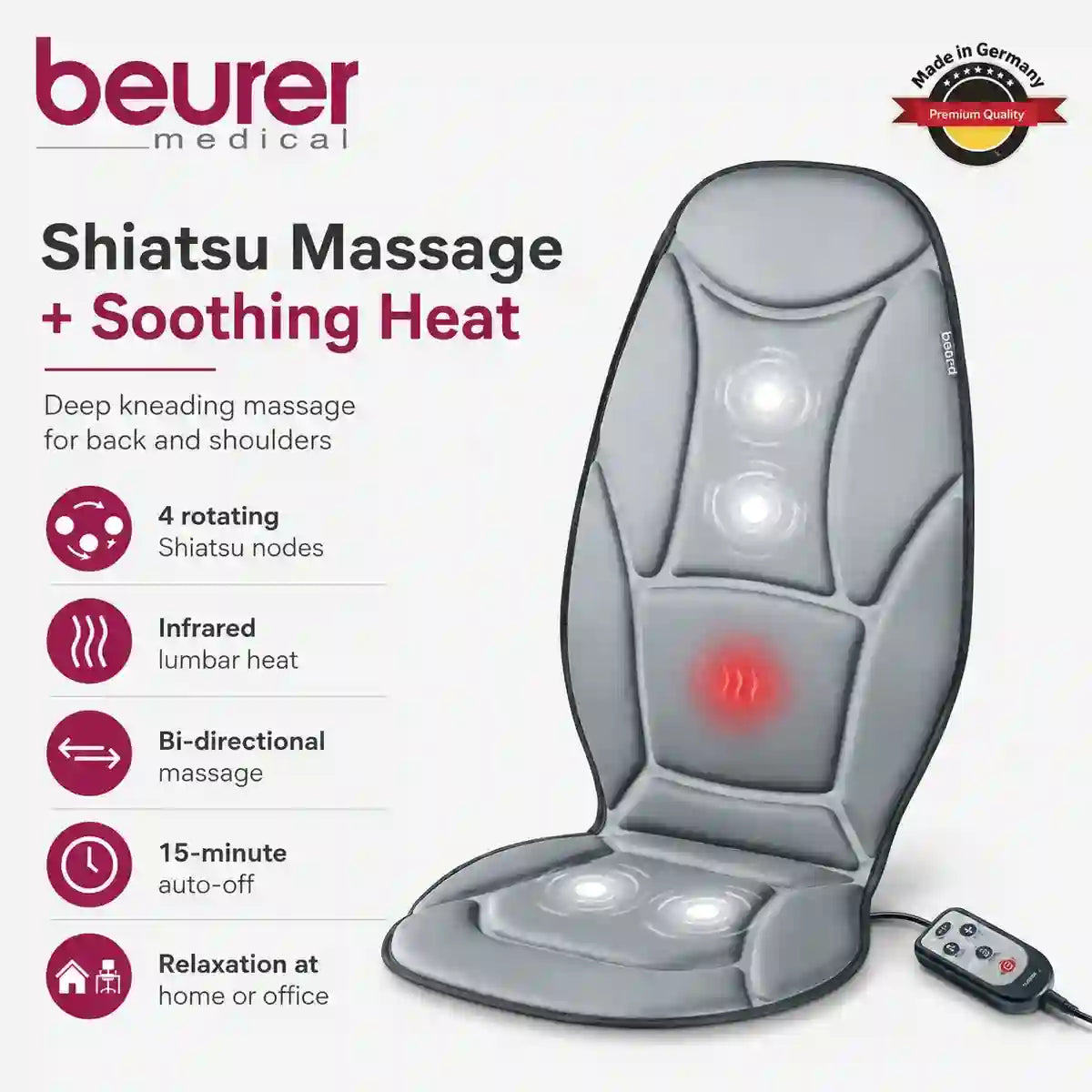 Beurer MG155 shiatsu heat features – 3D rotation nodes adjustable intensity heat toggle