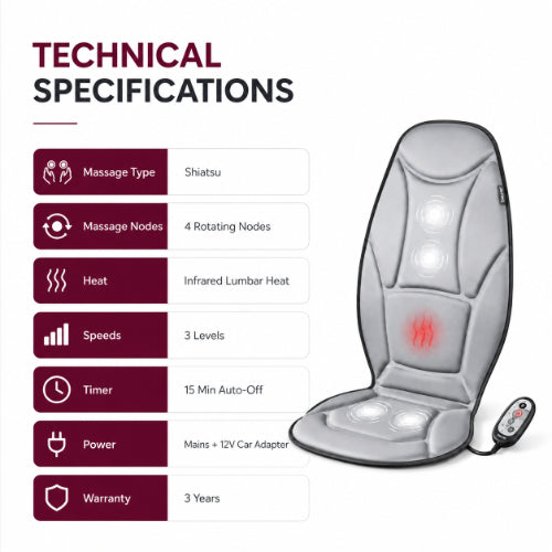 beurer mg155 seat massager technical specifications with shiatsu massage infrared lumbar heat 3 speeds and 15 minute auto off