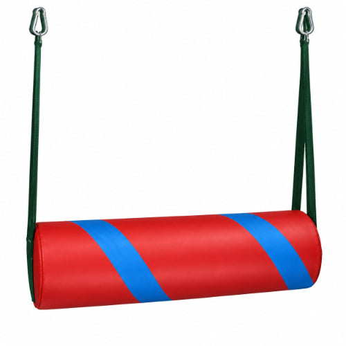 bolster swing with cylindrical padded seat, hanging straps and metal hooks for sensory integration and vestibular therapy
