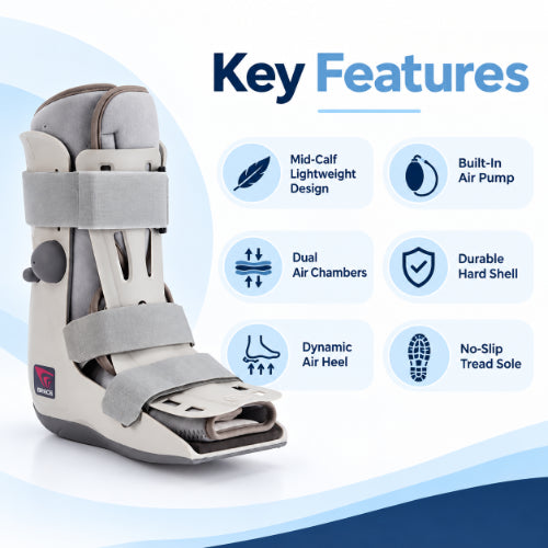 breg mid-calf walking boot key features including lightweight design, built-in air pump, dual air chambers, dynamic air heel and durable hard shell
