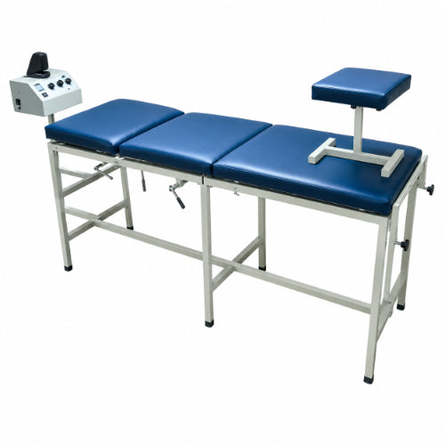 cervical and lumbar digital traction machine with three fold traction table, padded sections and adjustable therapy accessories