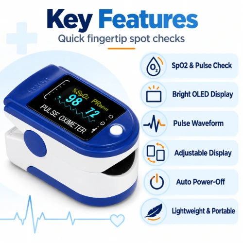 contec cms50d key features including spo2 and pulse monitoring, bright oled display, pulse waveform, adjustable display, auto power-off and portable design