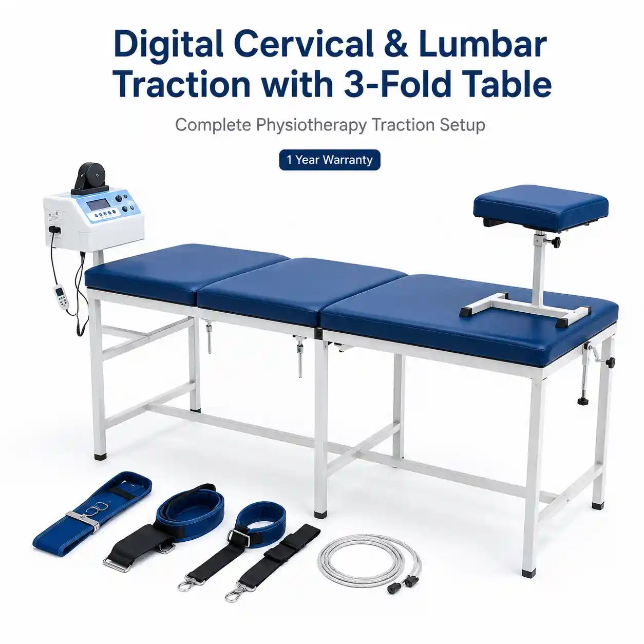 Digital cervical and lumbar traction machine with 3-fold physiotherapy table