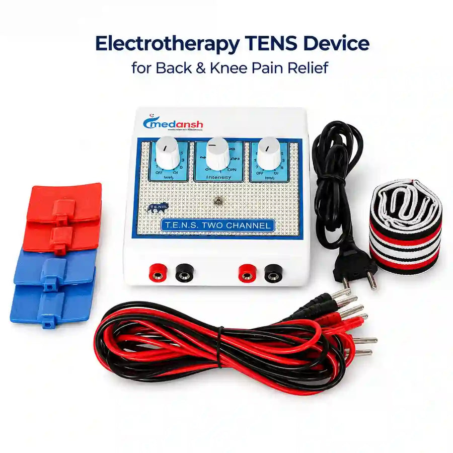 Medansh Electrotherapy TENS Device for back and knee pain relief – T.E.N.S. Two Channel machine with electrode pads, lead wires and elastic straps