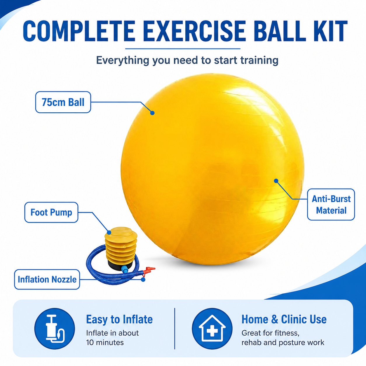 Complete exercise ball kit – 75cm anti-burst ball, foot pump and inflation nozzle for home and clinic use