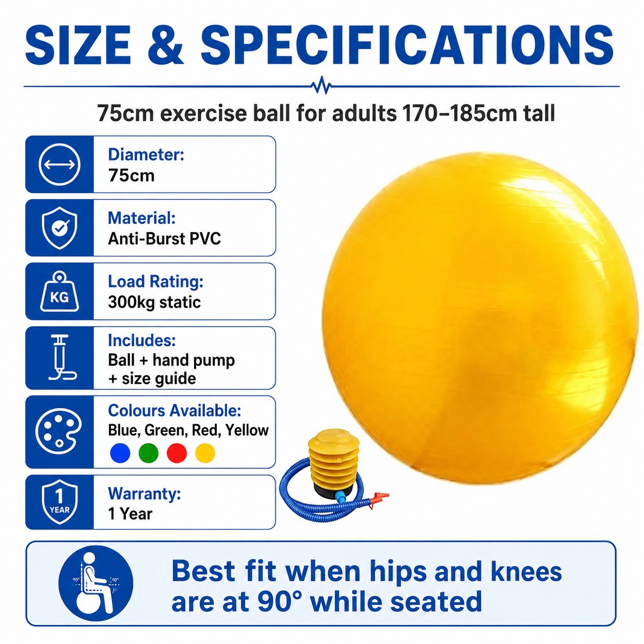 Exercise Ball 75cm size and specifications – 75cm diameter, anti-burst PVC, 300kg static load, includes ball hand pump and size guide