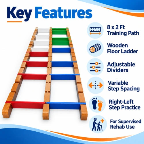 foot placement ladder key features including 8 x 2 ft training path, wooden floor ladder, adjustable dividers, variable step spacing and supervised rehab use