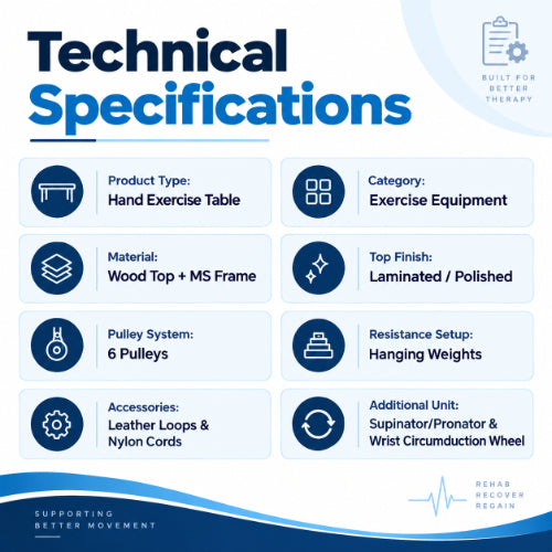 hand exercise table technical specifications with wood top, ms frame, 6 pulleys, hanging weights, leather loops and wrist rehabilitation accessories