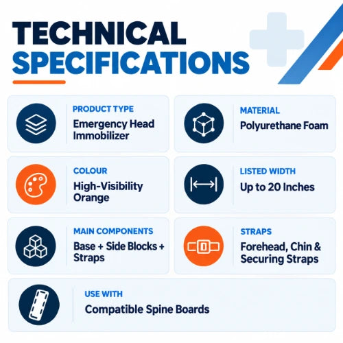 head immobilizer technical specifications showing polyurethane foam construction, high-visibility red colour, forehead and chin straps and compatibility with spine boards