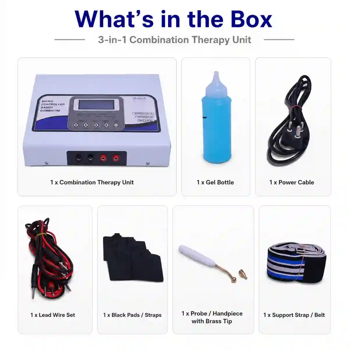 3-in-1 Combination Therapy Unit what’s in the box – main unit, electrode pads, lead wires and user manual