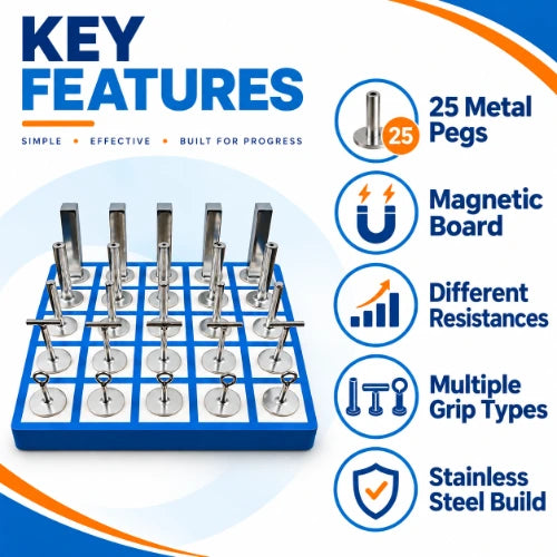 magnetic peg board key features including 25 metal pegs, magnetic resistance board, multiple grip types and stainless steel construction
