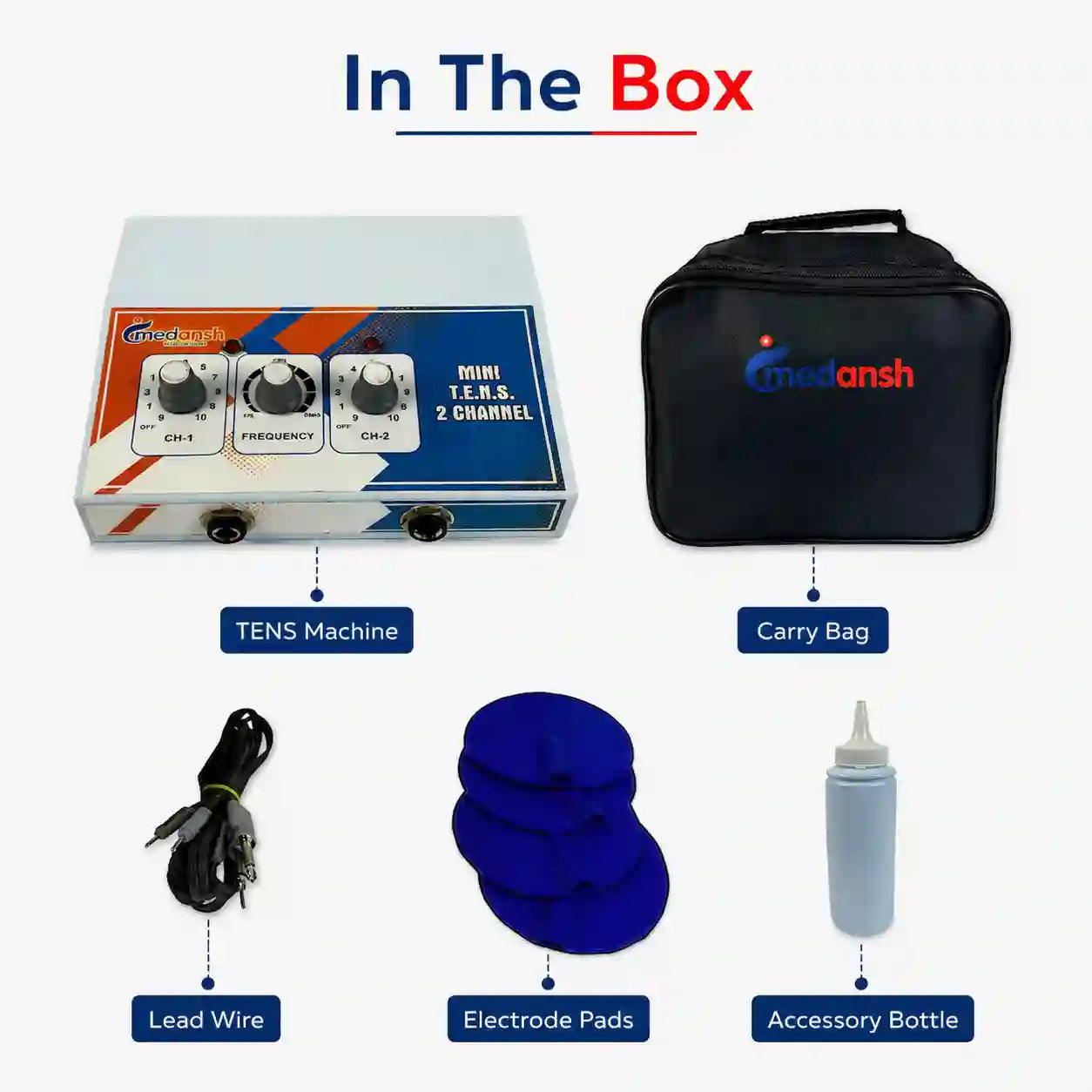 Medansh TENS machine in the box – TENS machine, carry bag, lead wire, electrode pads and accessory bottle