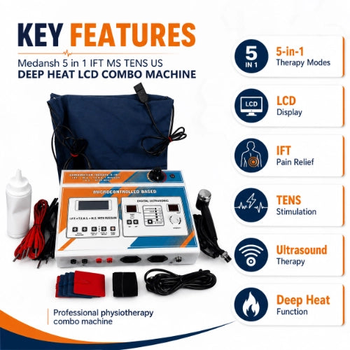 medansh 5 in 1 physiotherapy machine key features with lcd display ift tens ultrasound and deep heat