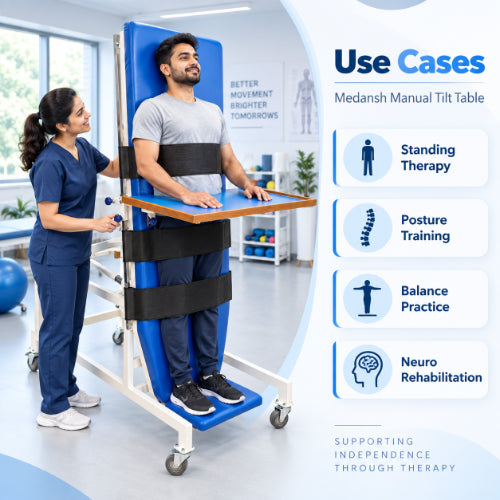alt text: medansh manual tilt table used for standing therapy, posture training, balance practice and neurological rehabilitation with therapist support